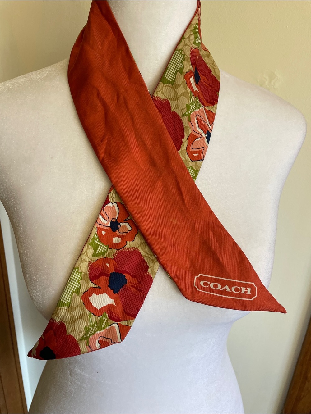COACH Orange Floral Silk Twilly Skinny Scarf with White Monogram Logo